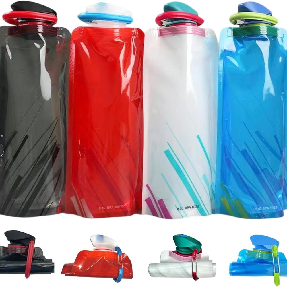 4 Pack 25oz Collapsible Water Bottles, 4 Colors Reusable Leakproof Water Bags for Drinking, Foldable Flat Water Bottles with Clasp for Outdoor Sports Camping Traveling Biking