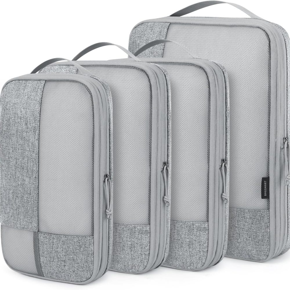 BAGSMART Compression Packing Cubes, 4 Set for Carry-on Suitcases, Travel Cubes & Suitcase Organizer With Shoe Bag - Grey