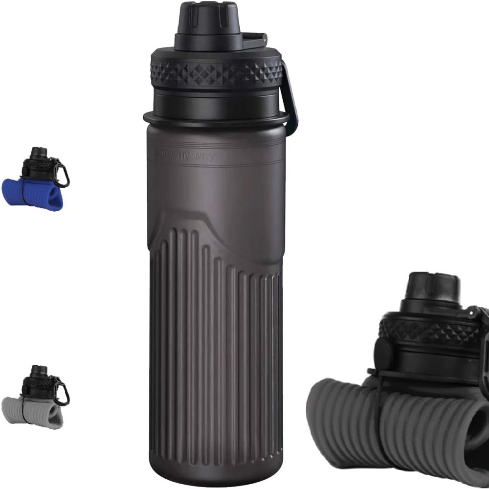Collapsible Water Bottle, Sport Water Bottle 24oz, Reuseable BPA Free Silicone Foldable Water Bottles Leak-proof Portable Water Bottle for Travel, Gym, Hiking, Office, Camping (Black)